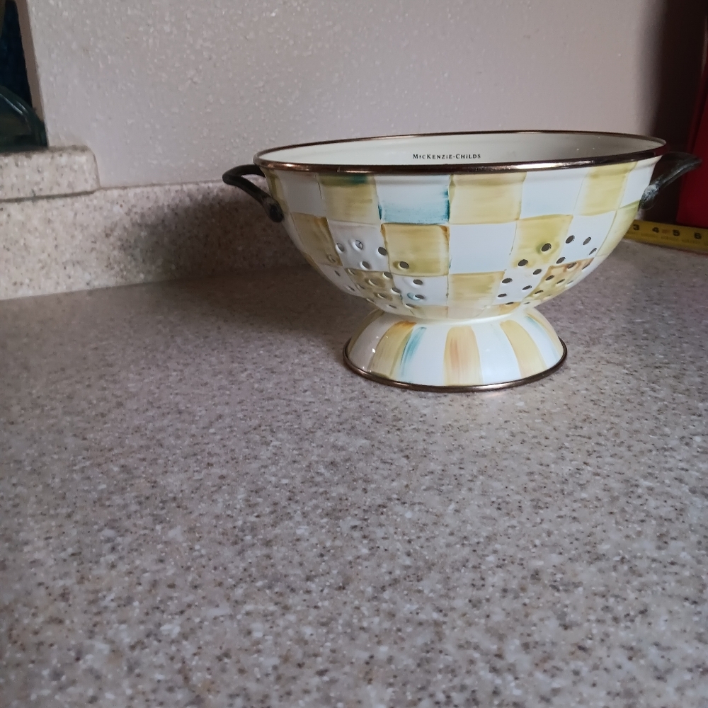 MacKenzie-Childs Large Yellow and Cream Checkered Colander